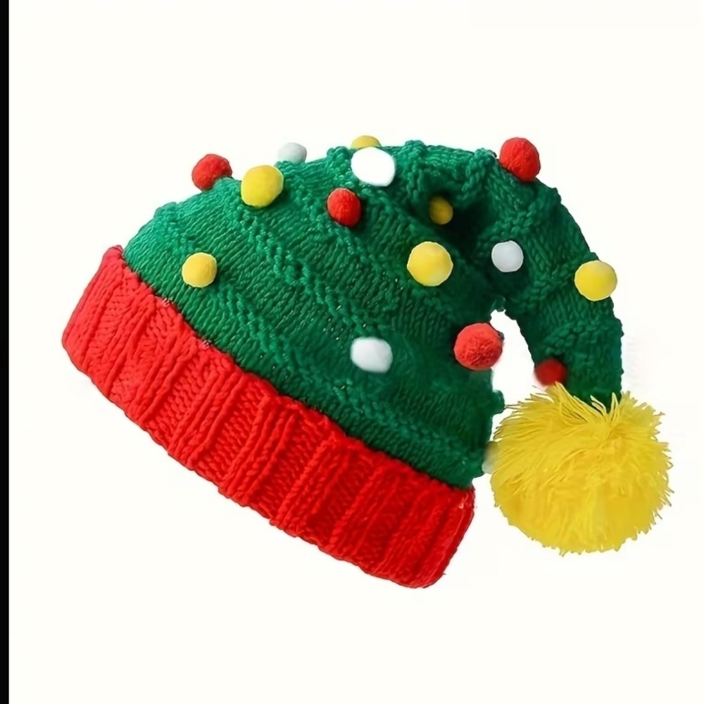 Festive Green and Red Pom-Pom Christmas Beanie